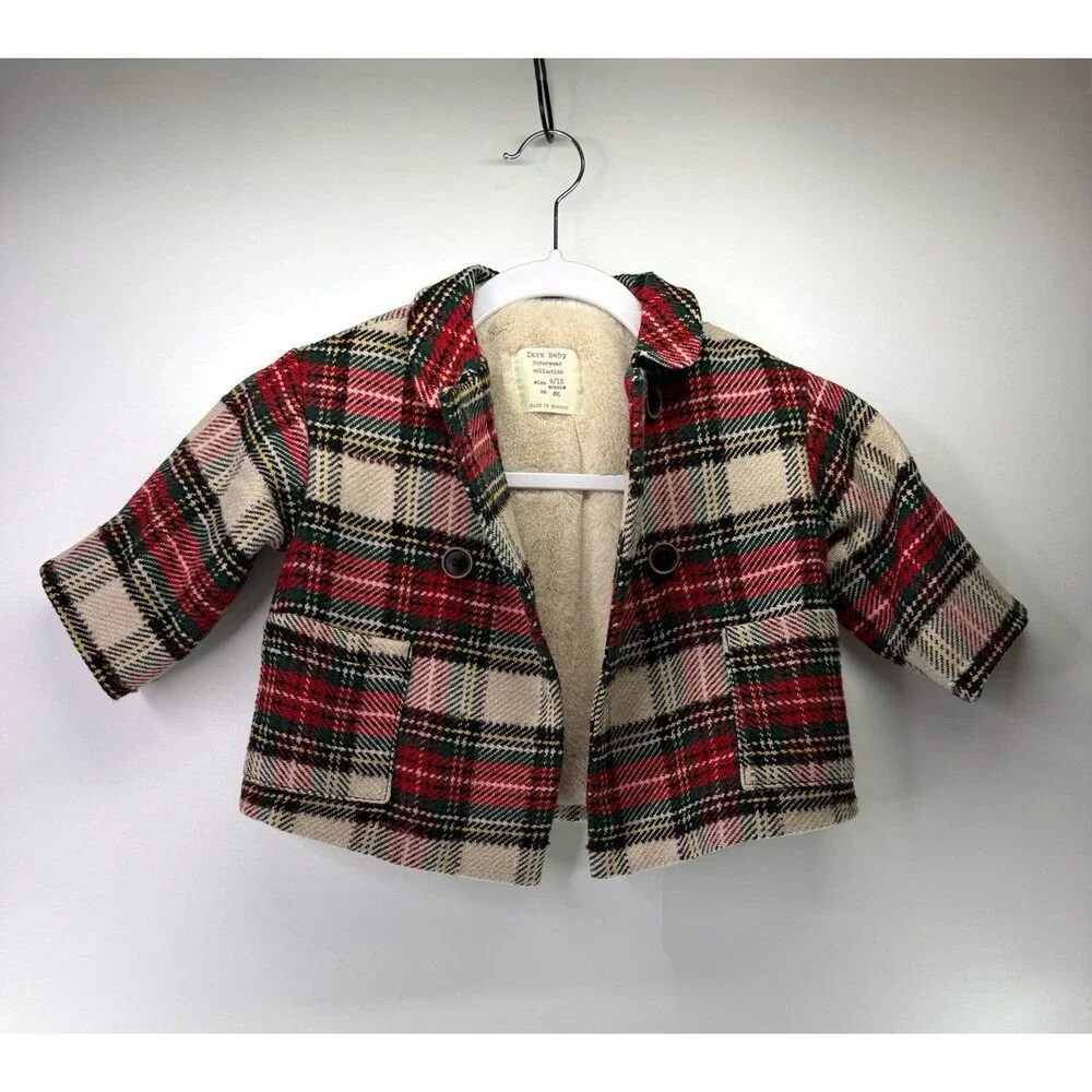Zara Baby Red Plaid Button Front Pea Coat 9/12 months